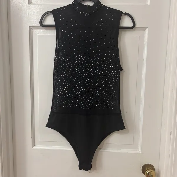 Black Mesh Rhinestone Sheer Bodysuit L Club Going Out Festival Sparkly Glam - Image 2