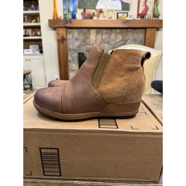 Sorel Womens Size 7 Brown Leather Chelsea Ankle Wedge Fashion Boots Bootie - Image 2
