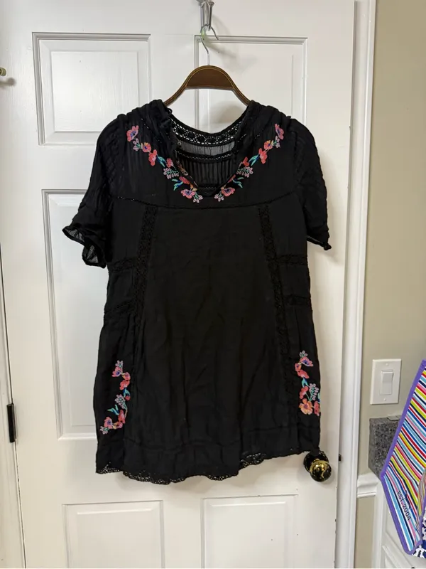 Free People Black Mini Dress with Multicolor Floral Embroidery - Image 3