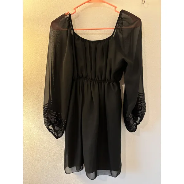 Max Studio Black Sequin Empire Waist Tunic Sheer Balloon Sleeve Mini Dress goth - Image 2