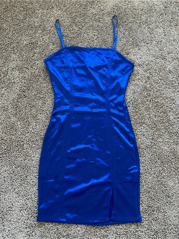 iris Electric Blue Satin Mini Slip Dress - Image 2