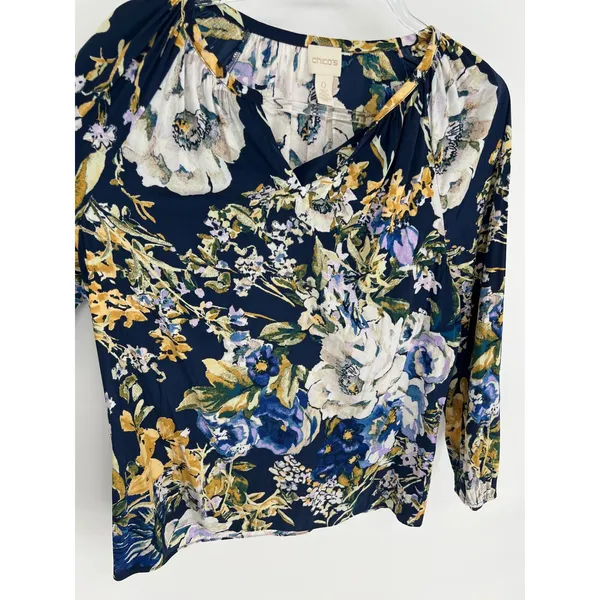 CHICO'S 0 Floral Peasant Blouse Women Small 4 Navy Blue Long Sleeve Split‎ Neck - Image 9