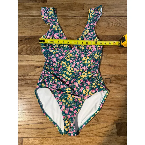 Floral Ruffle V-Neck One Piece Swimsuit‎ Teal Pink Yellow Ruched Low Back small - Image 4