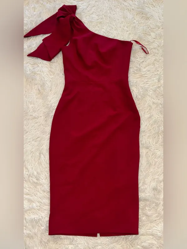 NWOT DRESS THE POPULATION Tiffany One-Shoulder Red rogue Midi Dress sz S - Image 5