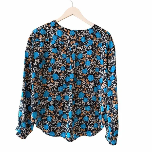 Ann Taylor Floral Seamed Split Neck Popover Blouse Night Sky Lightweight SZ S - Image 7
