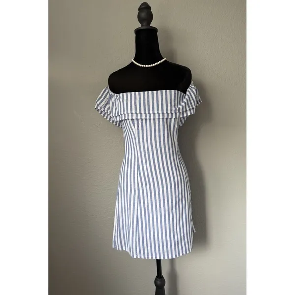 Lulus Seaside Skipper Blue White Striped Off Shoulder Mini Dress XS NWT - Image 2