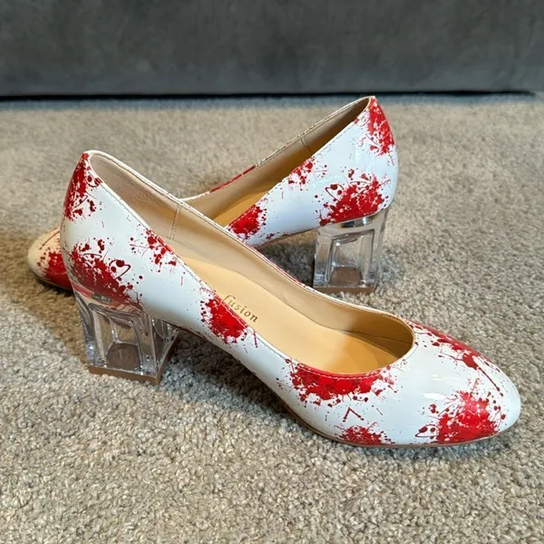Reindee Lusion White Red Splatter Transparent Block Mid Heel RoundToe Size 5 NEW - Image 10