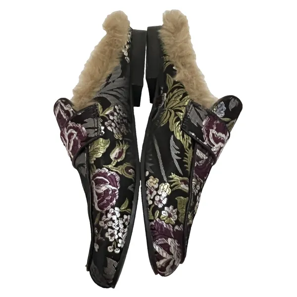 Steve‎ Madden Kaden Mules Women 7.5 Black Floral Brocade Faux Fur Lined KADE01S1 - Image 7