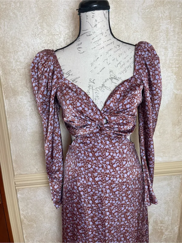 ASTR The Label Lainie Dress Floral Cutout Midi Sz S Puff Sleeve Lavender Brown - Image 5