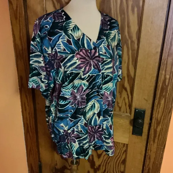 Vtg 80s Bright Tropical Flowers Blouse Blue Size L - Image 9