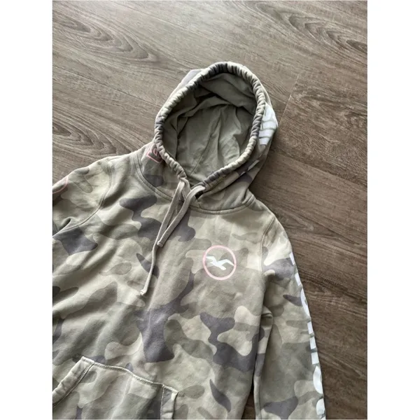 Hollister Womens Pullover Hoodie Small Gray Camo Pink Logo Sleeve Graphic Fleece - Image 5