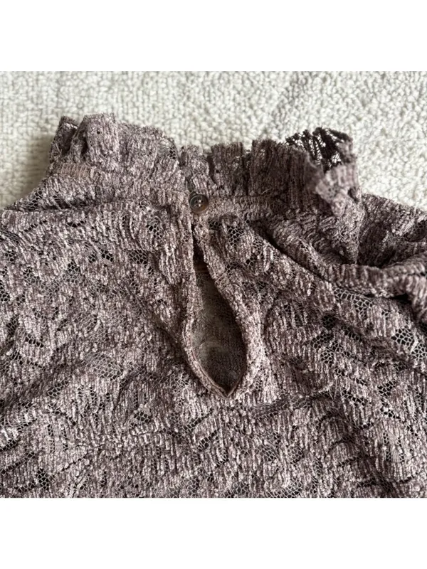 Eri + Ali Anthropologie Brown Floral Lace Blouse Ruffle High Neck Bell Sleeve - Image 8