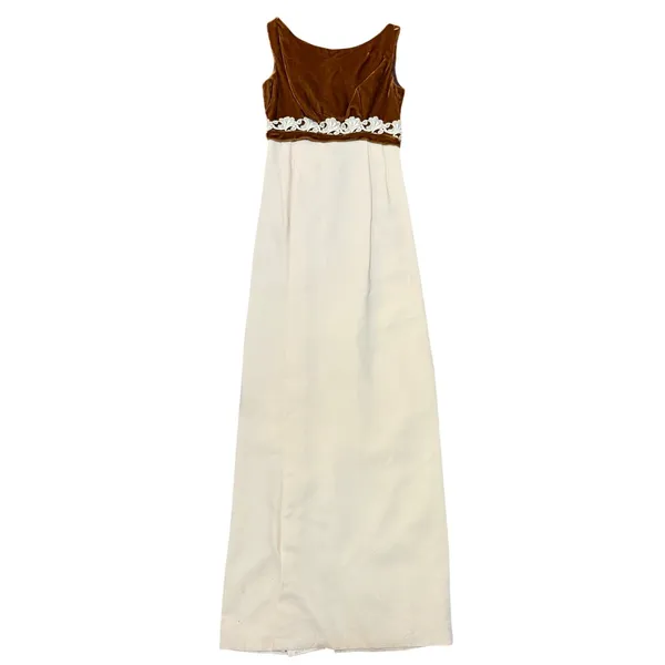 Vintage 60s Bronze Velvet‎ Lace Trim Empire Waist Maxi Dress Cream Column - Image 8