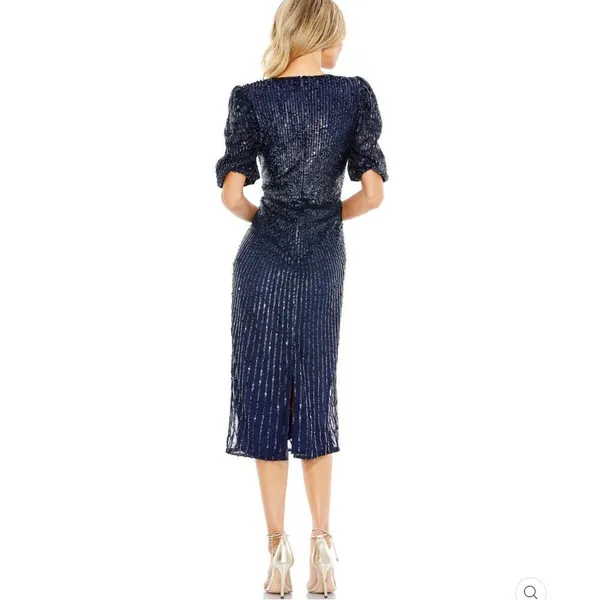 Mac Duggal 5578 Womens Sequined V Neck Short Puff Sleeve Midi Dress - Image 5