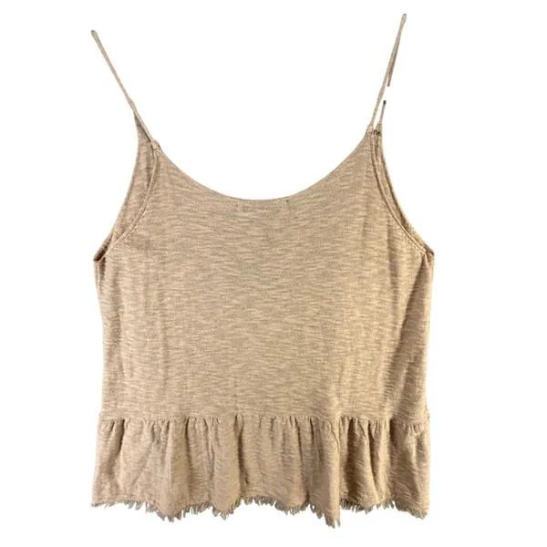 Zara Knit Peplum Camisole Top Women M Tan‎ Fringe Hem Spaghetti Strap Boho Chic - Image 5
