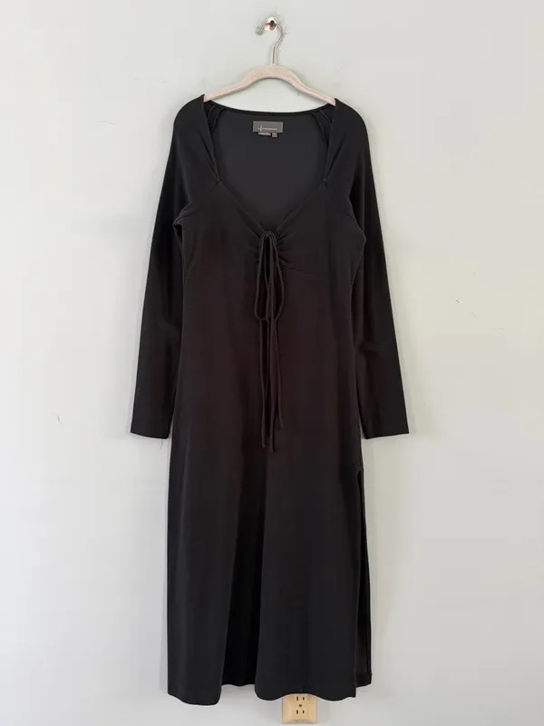 Anthropologie Tie-Front Charcoal‎ Gray Side Slit Long Sleeve Midi Dress - Image 3