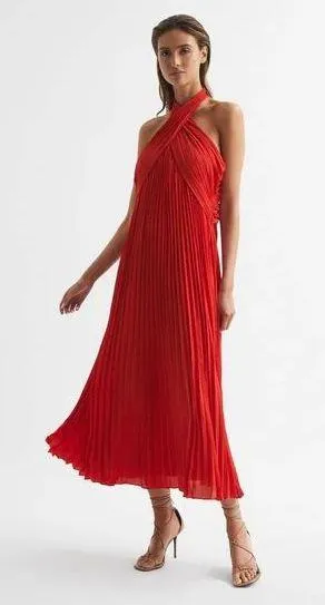 Reiss NWT ROYA HALTER NECK PLEAT Red MIDI DRESS - Image 3