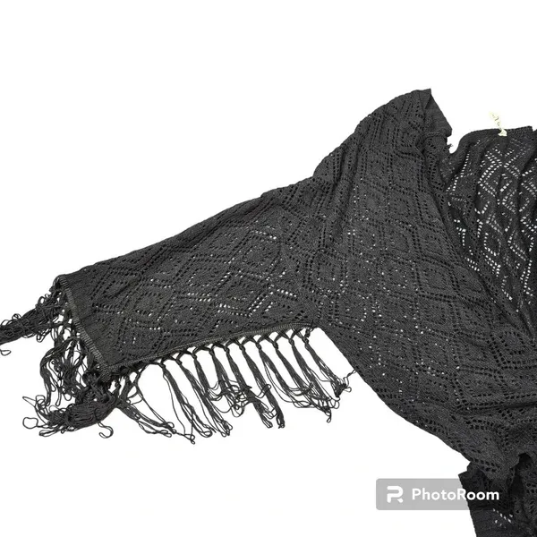 POL Black‎ Crochet Knit Fringe Sleeve Cardigan - Image 3