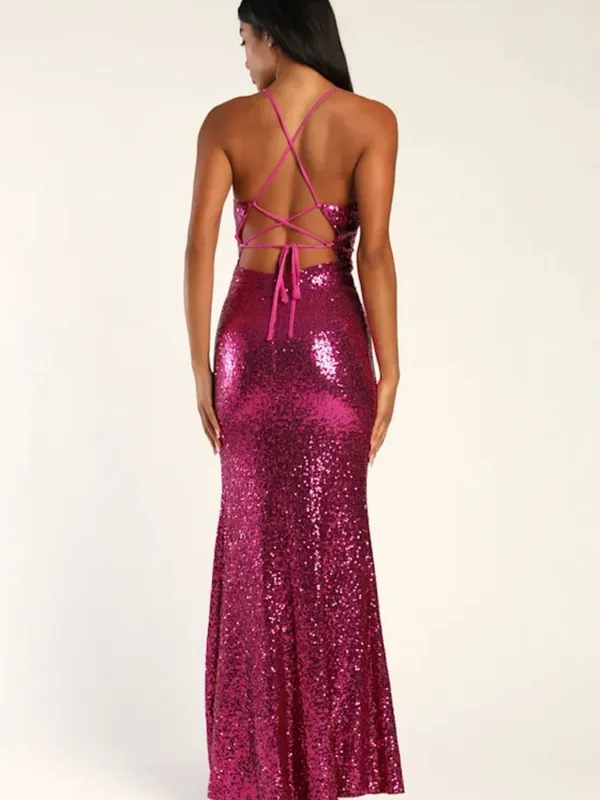 Lulus Magenta Sequin Lace-Up Maxi Dress Size M NWT - Image 2