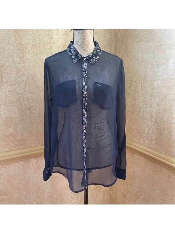 Abercrombie Fitch Women BLUE Chiffon Roll Tab Button Up Shirt Sheer Blouse Top M - Image 2