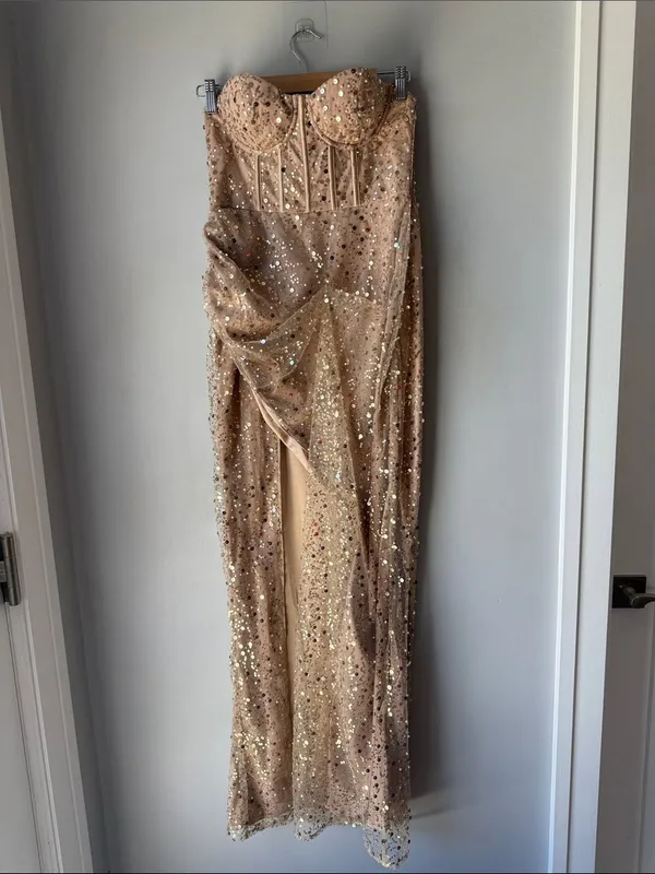 NWT Hello Molly Corset Champagne Sequin Strapless Bustier Maxi Dress - Image 4