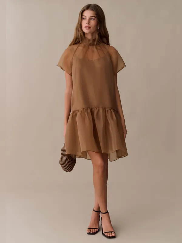 NWT Few Moda Joni Mini Dress Size Large L Brown Sugar organza tie back o.p.t - Image 3
