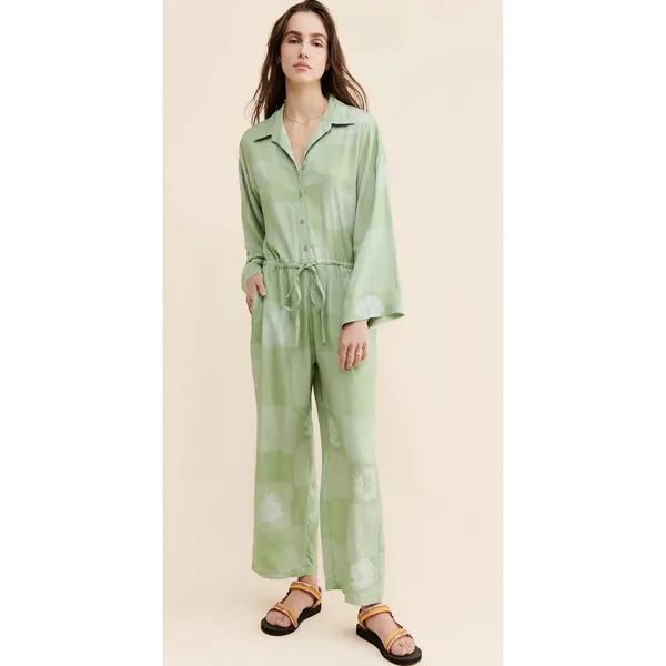 Native Youth Green Jumpsuit Hippie Distressed Patchwork Artsy Floral Celestial - Image 10