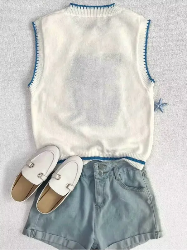 White & Blue Fish Knit Sleeveless Vest - Casual Summer Layer EUC - worn once - Image 3