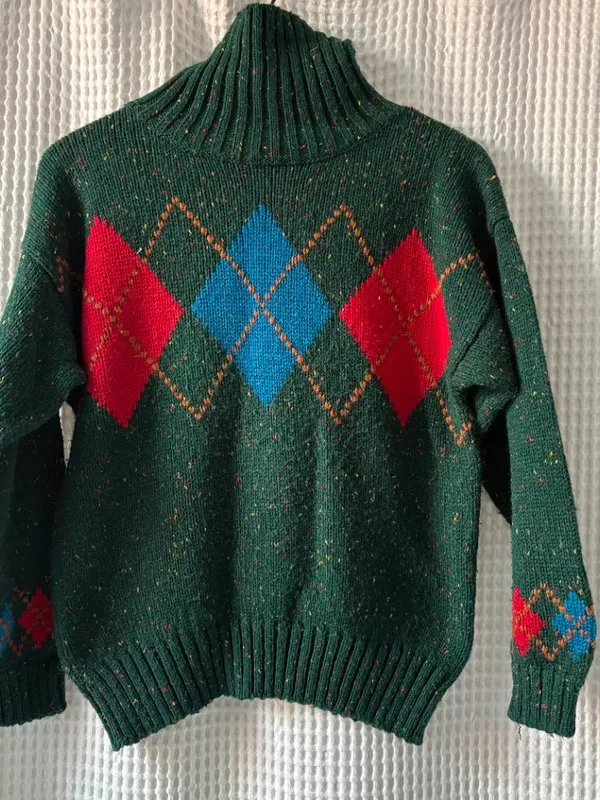 Vintage Architect for Petites wool blend green argyle women's turtleneck sweater - Image 6
