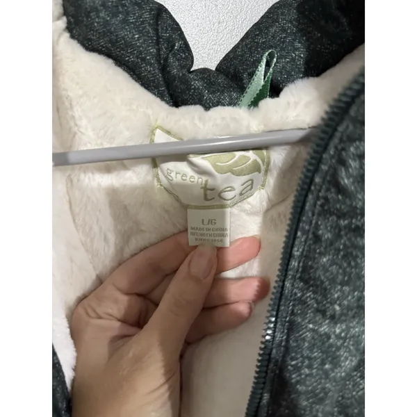 Green Tea‎ Heather Green Hoodie Soft White Faux Fur Lined Puffer Vest size L - Image 3