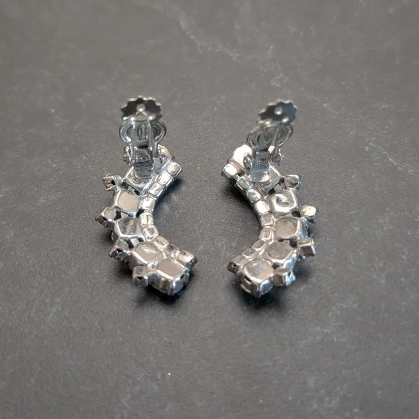 Vintage Clip On Earrings Large Curved Silver Tone & Clear Gems - Statement Glam - Image 7