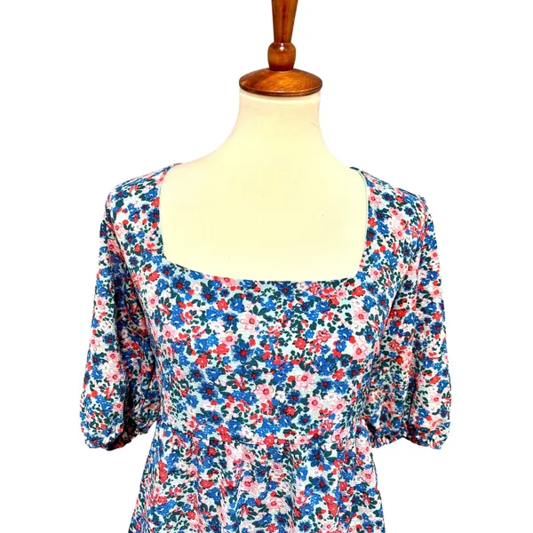 Cottagecore Floral Mini Dress Puff Sleeve Square Neck Babydoll Fall Flowy XL - Image 3