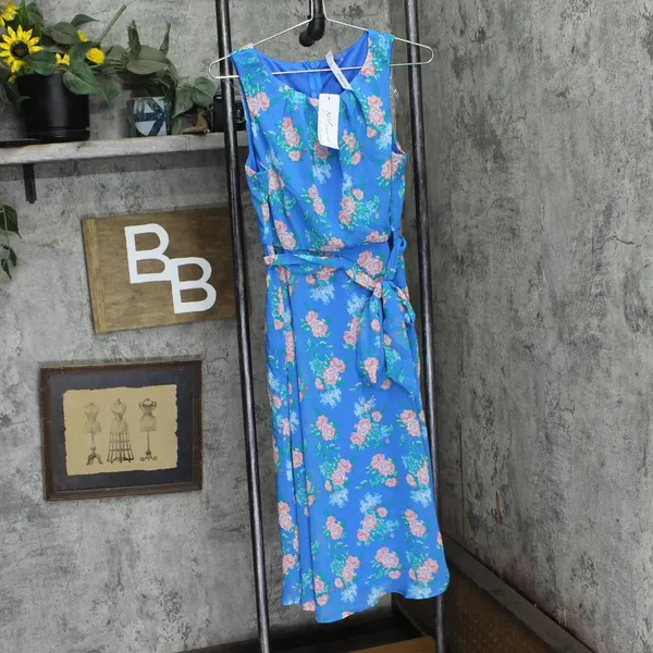 NWT Ny Collection Petites Chiffon Printed Midi Dress Bright French Blue Melon PM - Image 3