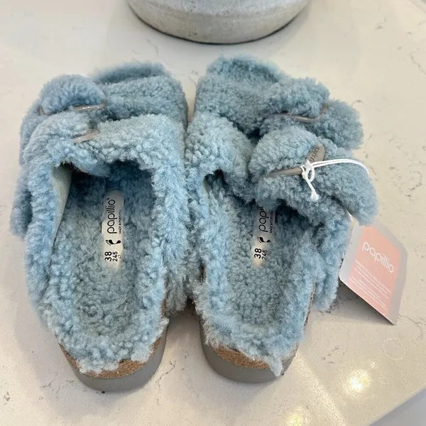 BIRKENSTOCK Arizona Big Buckle Genuine Shearling Slide Sandal in Faded Aqua - Image 6