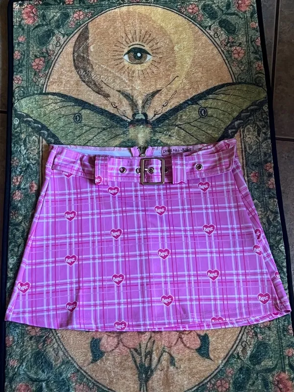 Dolls Kill Pink Plaid A-Line Mini Skirt with Heart Print & Belt - Image 3