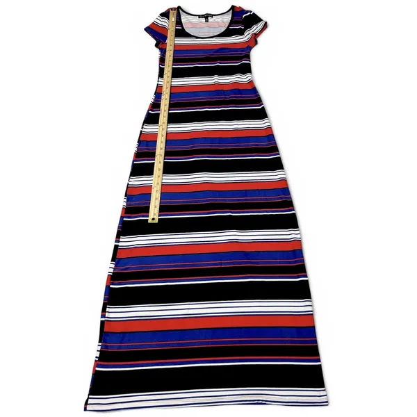 Derek Heart Striped Maxi Dress Med Blue Red White Jersey Knit Short Sleeve VGUC - Image 5