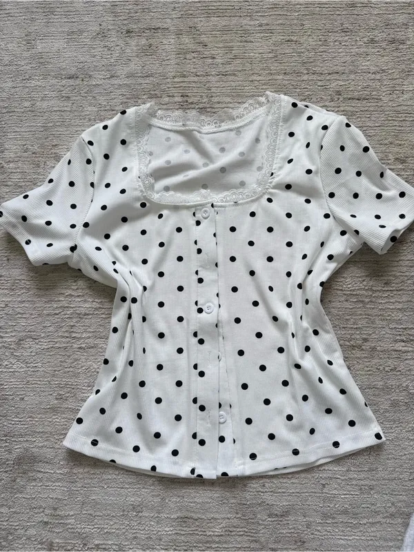 SHEIN White Short-Sleeve Polka Dot Knot Crop Top (Size Small) - Image 3