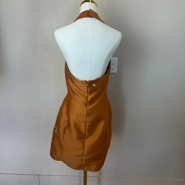 Romy Copper Halter Mini Cocktail Dress MEDIUM Satin Party Backless Designer $310 - Image 10