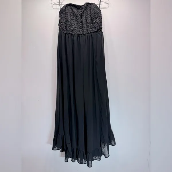 YA Los Angeles Black Strapless Maxi Dress Ruffled Bust Lined Sheer Skirt Whimsigoth Formal S-M - Image 2