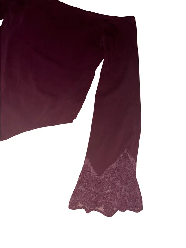 Express Off-The-Shoulder Burgundy Lace Bell Sleeve Bodysuit - Image 3