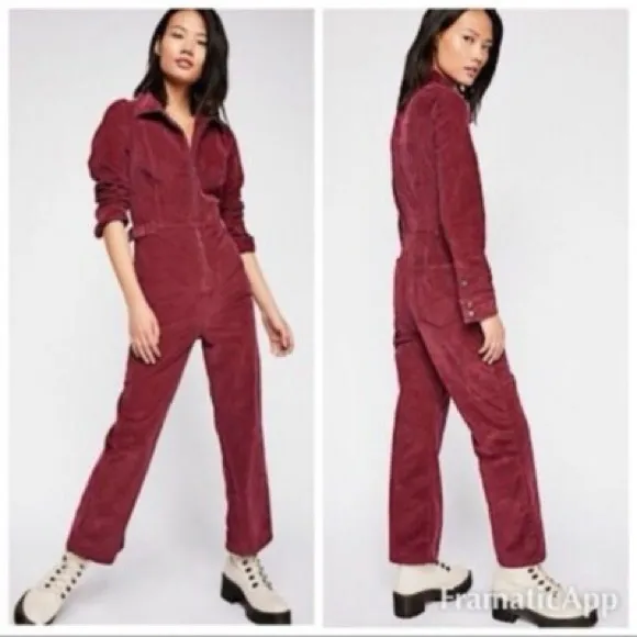 Free People Take Me‎ Out Purple Corduroy Sexy One Piece Jumpsuit 4 Burgundy Wine - Image 2