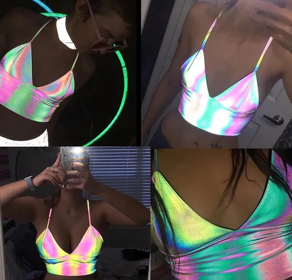 Amazon Holographic Reflective Shiny Rave Multicolor Abstract Crop Top - Image 3