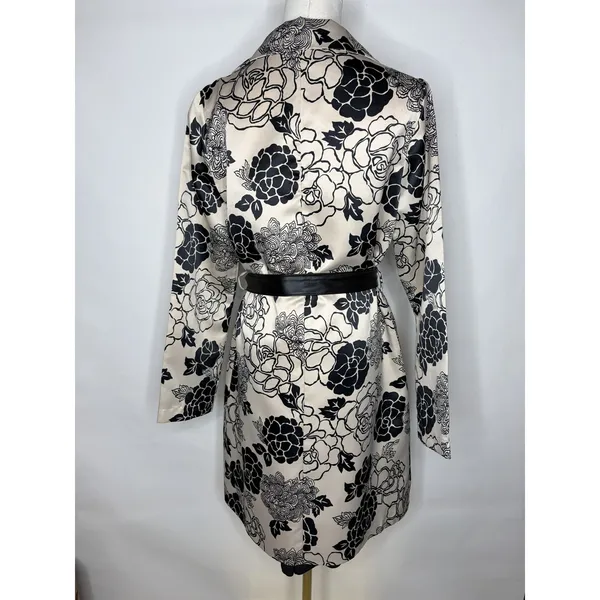 Just In Time Floral Trench Coat Cream Black Satin Duster Leather Belt Med - Image 5