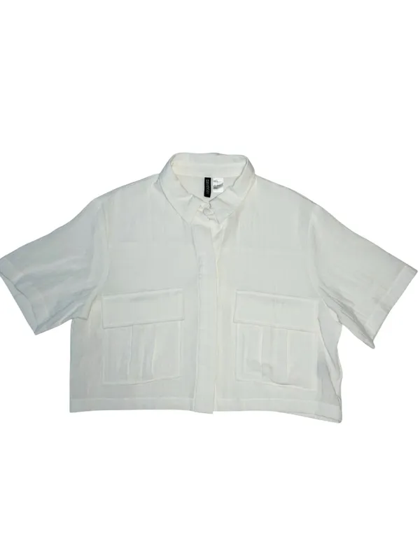 H&M Divided White Short Sleeve Button-Front Utility Crop Shirt - Image 6