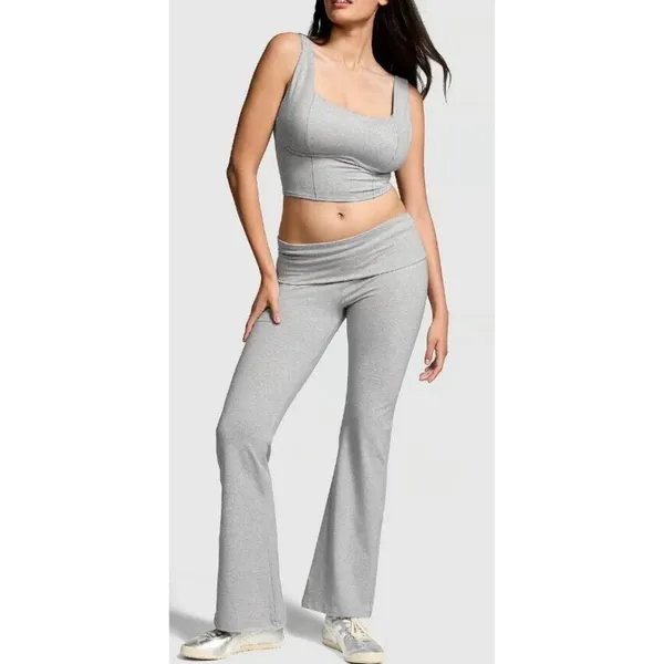 VICTORIA'S SECRET PINK COTTON FOLDOVER FLARE LEGGING PANTS Sz XXL HEATHER GRAY - Image 2