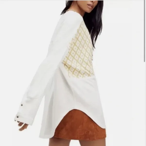 We the Free People Spirit Henley Tunic Top Embroidered Boho sweater sweatshirt blouse shirt button front white gold yellow long sleeve Size L-measurements in pics - Image 2