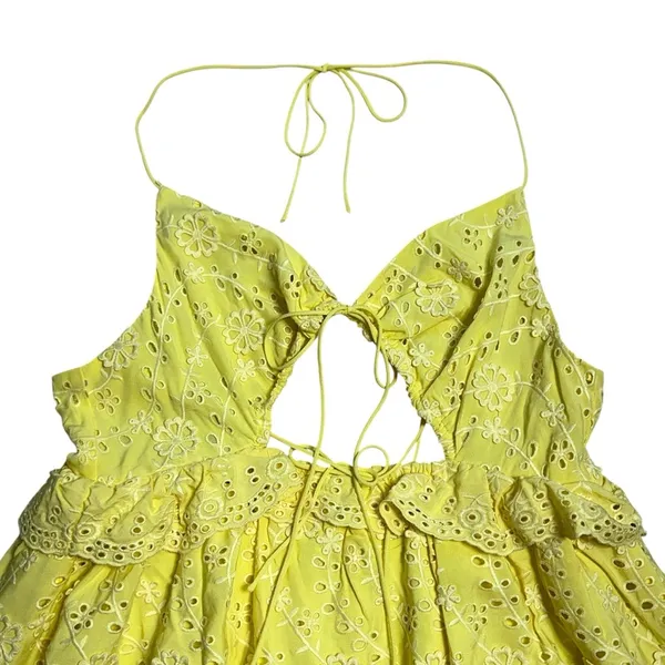 For Love & Lemons Yellow Eyelet Natalia Mini Dress Womens XL - Image 3