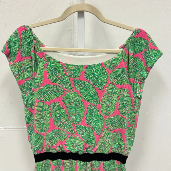 Lilly Pulitzer Pink‎ Green Palm Leaf Print Tunic Top Small Tropical Boat Neck - Image 3