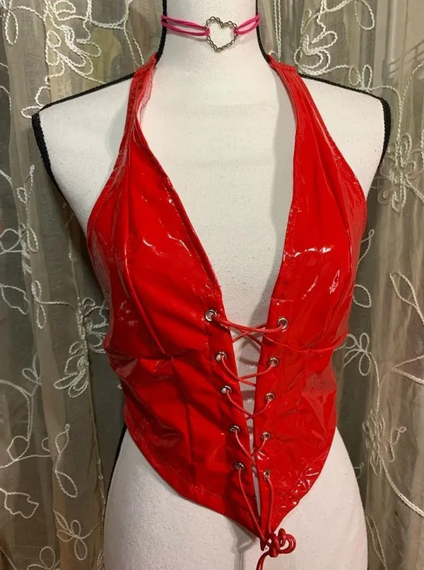 Shein Iconic Red Latex Like Halter Top - Image 2