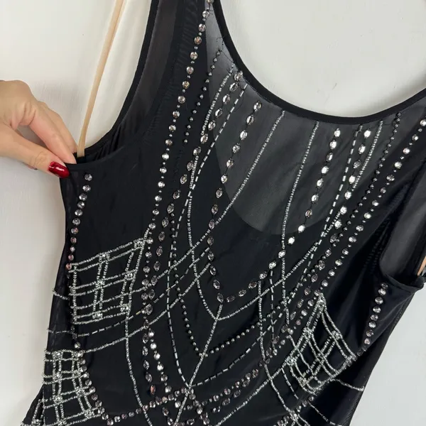 BKE Black Sheer Mesh Bodysuit Sz Large Embellished Jewel Rhinestone Y2K - Image 5